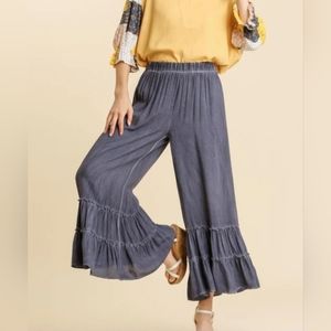 Umgee Ruffle Pants Chambray Blue, Size M